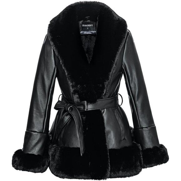 Women's Black Gran Oriente Faux Leather Winter Coat Fur Collar and Belted Design - Picture 1 of 5